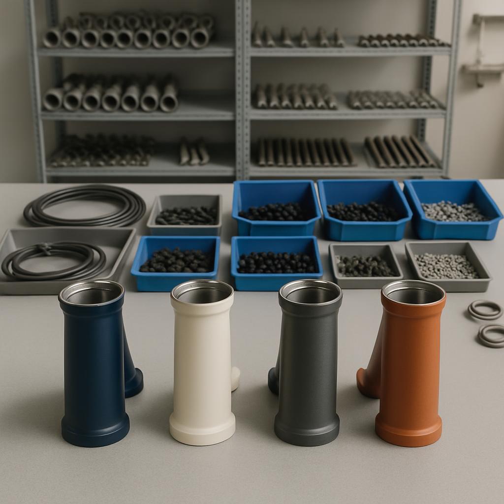 A collection of plumbing supplies, including pipes, fittings, and drain units, is displayed on a table in front of shelves...