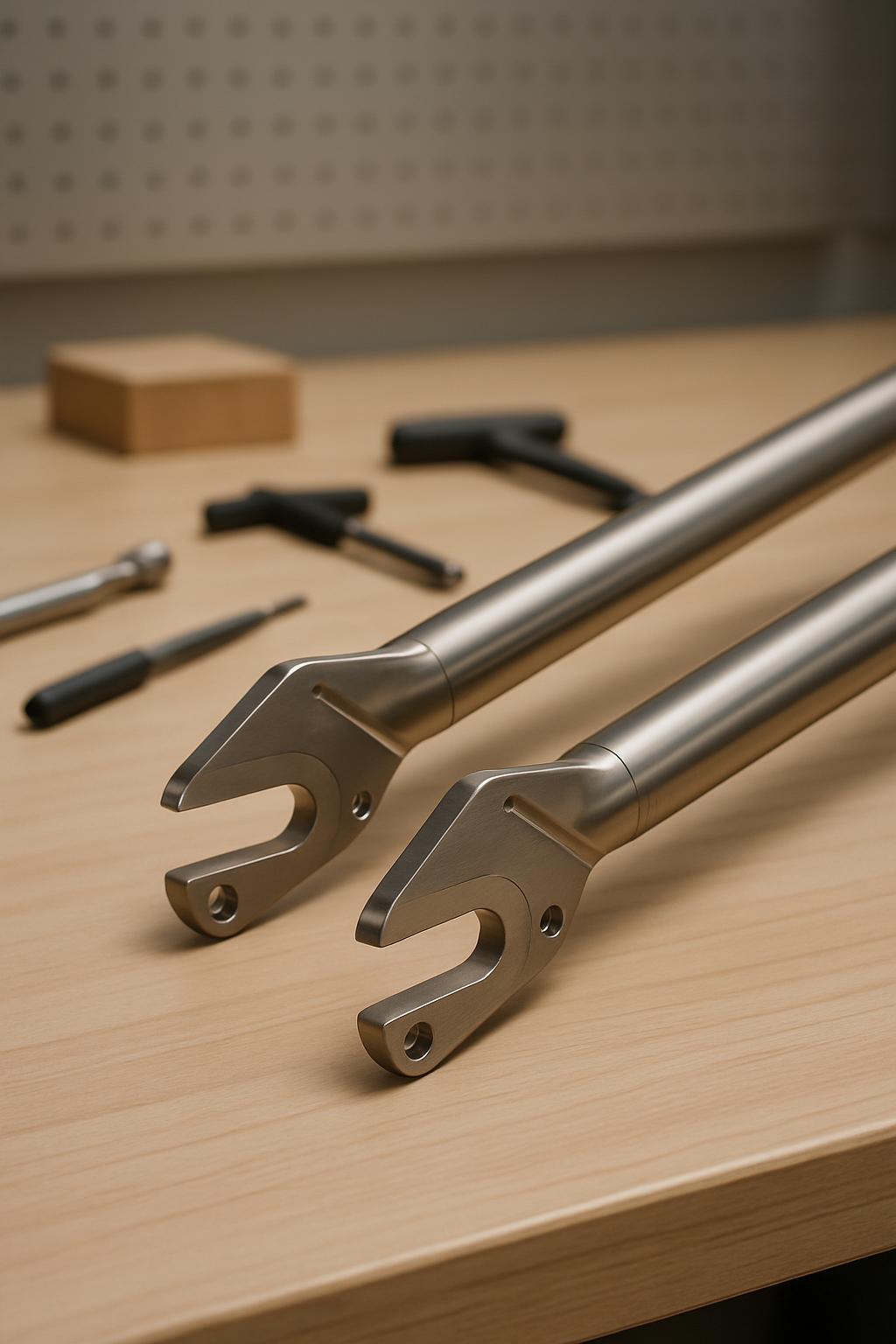 A bicycle frame stands on a light-brown table, accompanied by tools laid out behind it. Notably, two low-profile drop-shap...