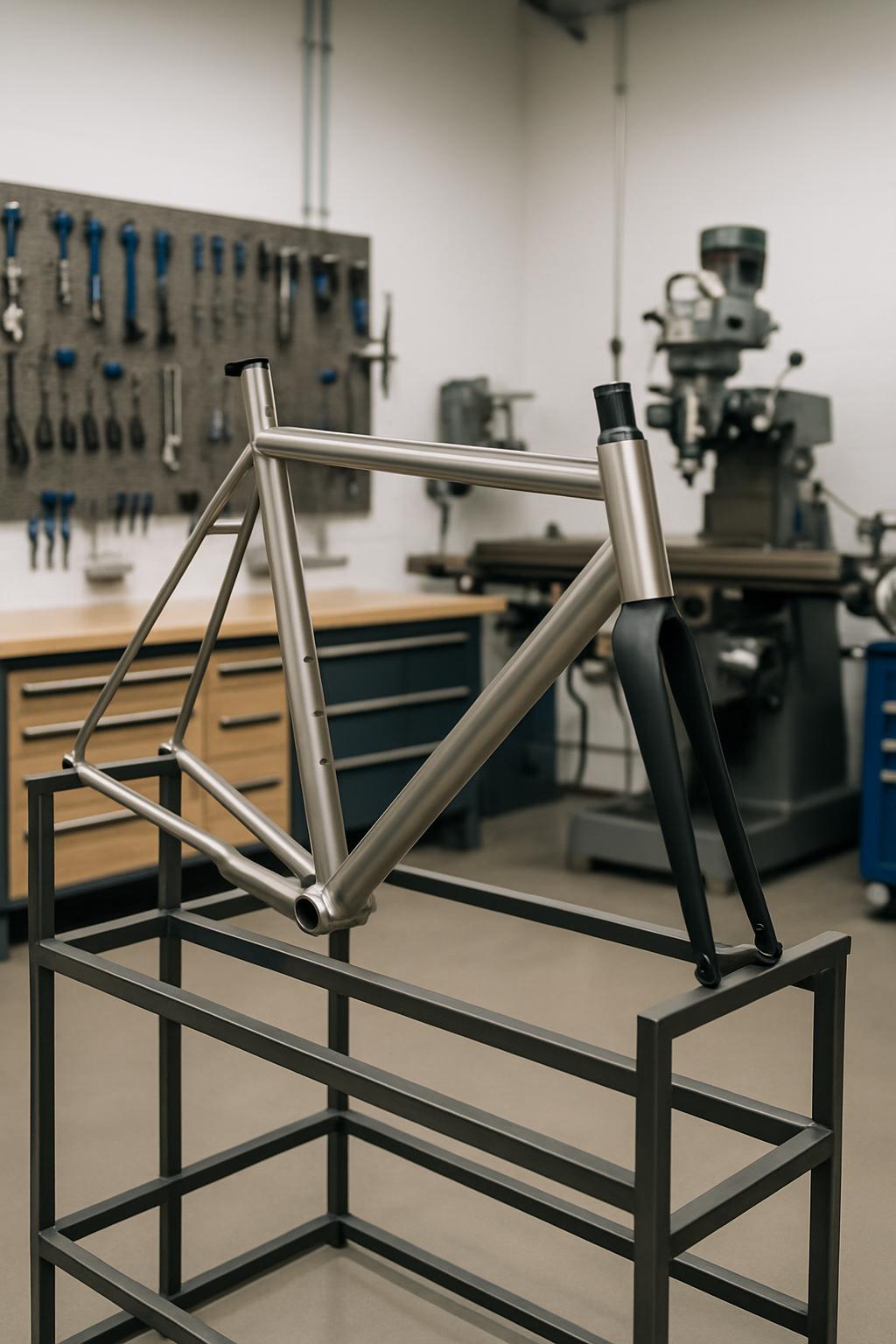 A bicycle frame manufactured from brushed, nickel-plated (NPL), extra-fine-grained titanium, in a well-lit workshop. The w...