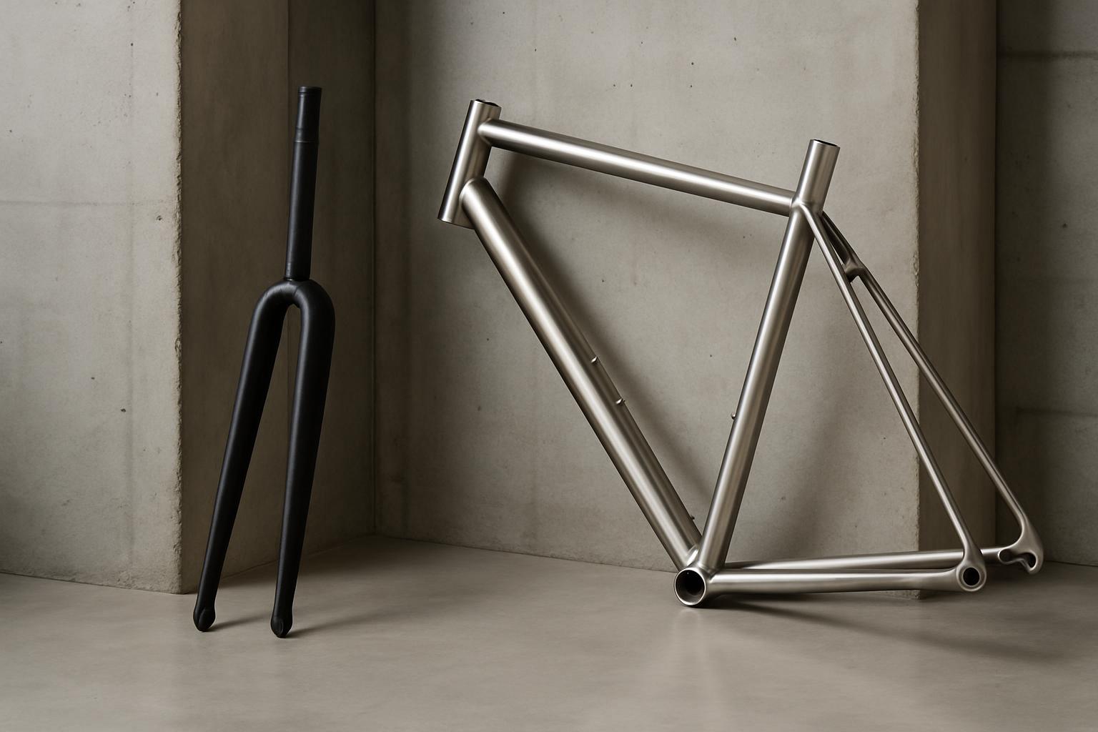 A light metal bicycle frame sits on the ground, set in a gray room with a concrete wall. On the left-hand side of the imag...